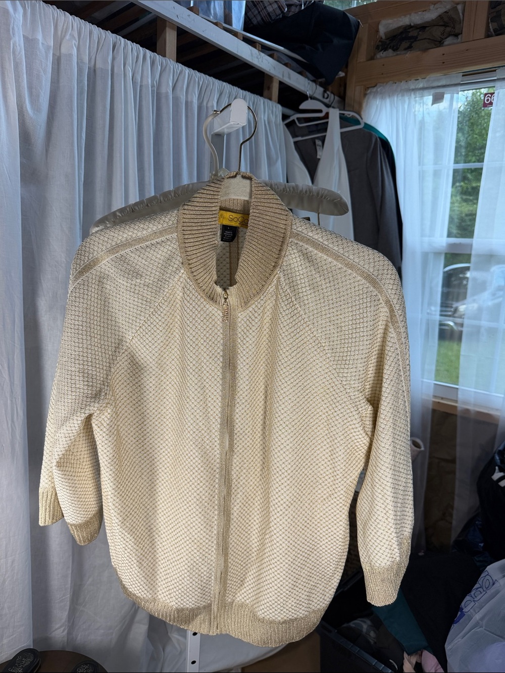 St. John Collection Cream Knit Zip-Front Bomber Jacket